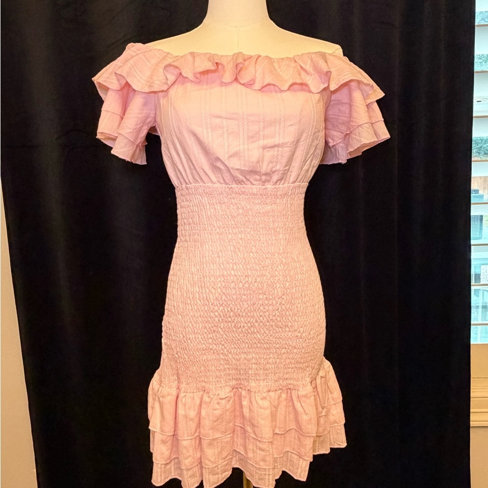 NWT - Pink Off-the-shoulder Smocked Mini Dress. Size Small. - Picture 2 of 9